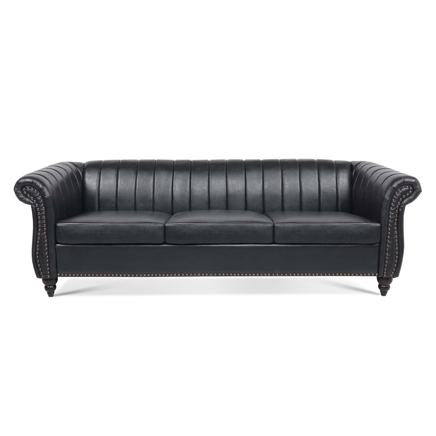 83.46'' Black PU Rolled Arm Chesterfield Three Seater Sofa.