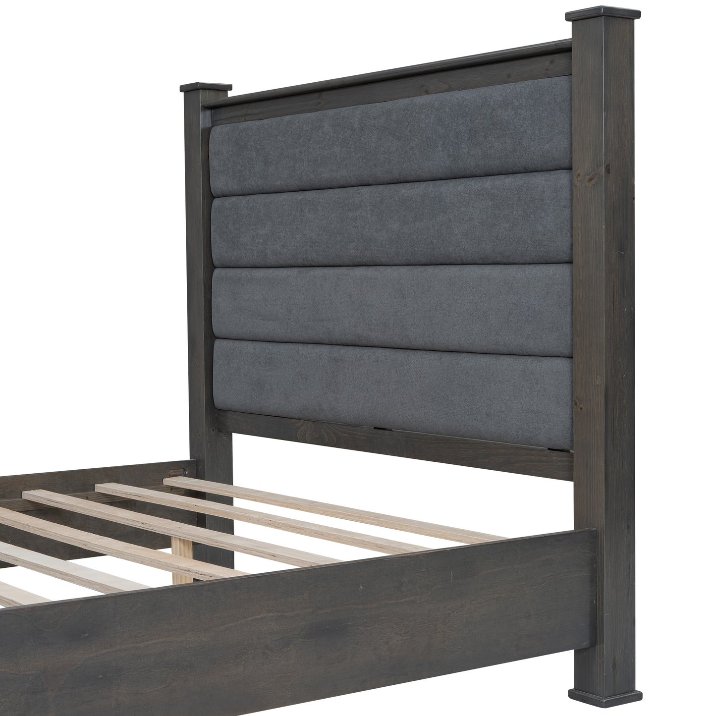 Queen Size Wood Frame Platform Bed with Upholstered Headboard, Footboard and 2 Drawers, Antique Gray