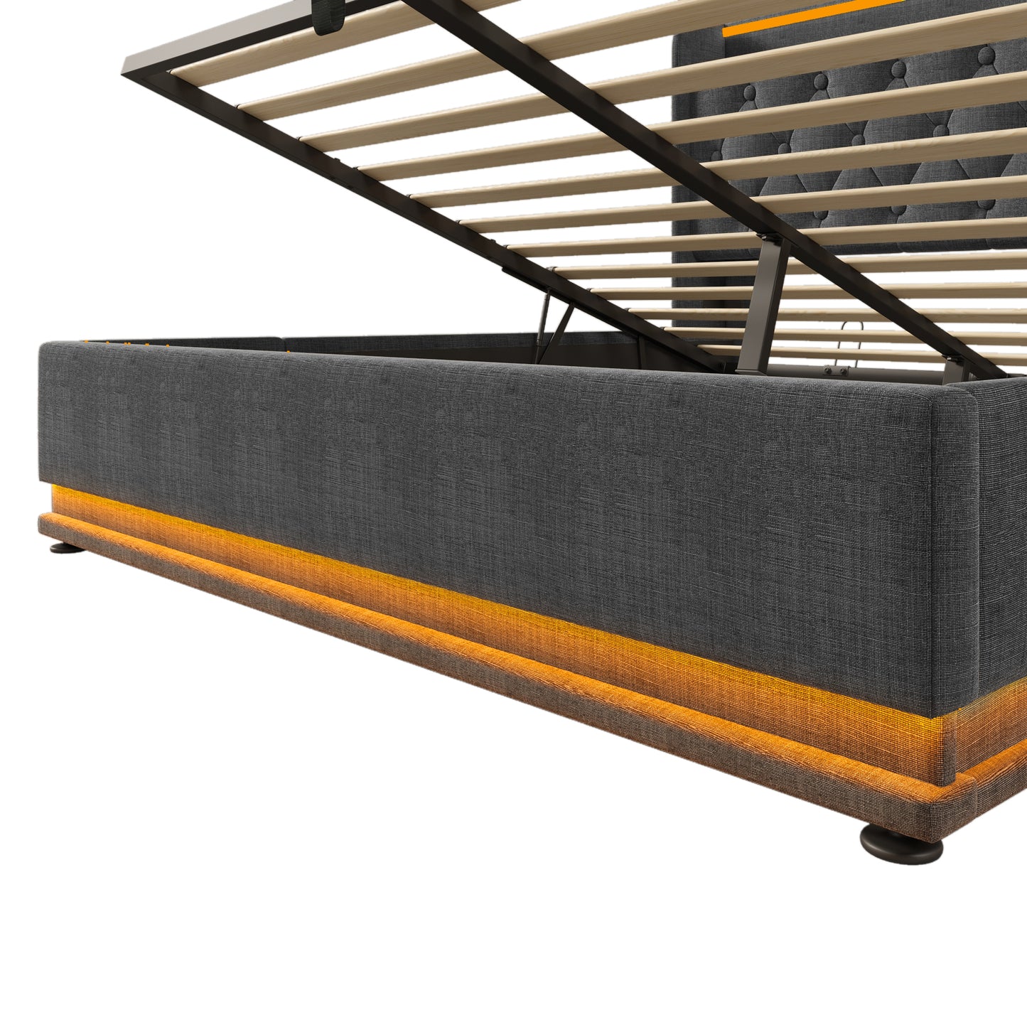 Full size Upholstered bed, 360 surround LED function, Buttons/Apps/Remote Control, hydraulic storage bed with USB Type-C charging, Gray,Linen (Without mattress)