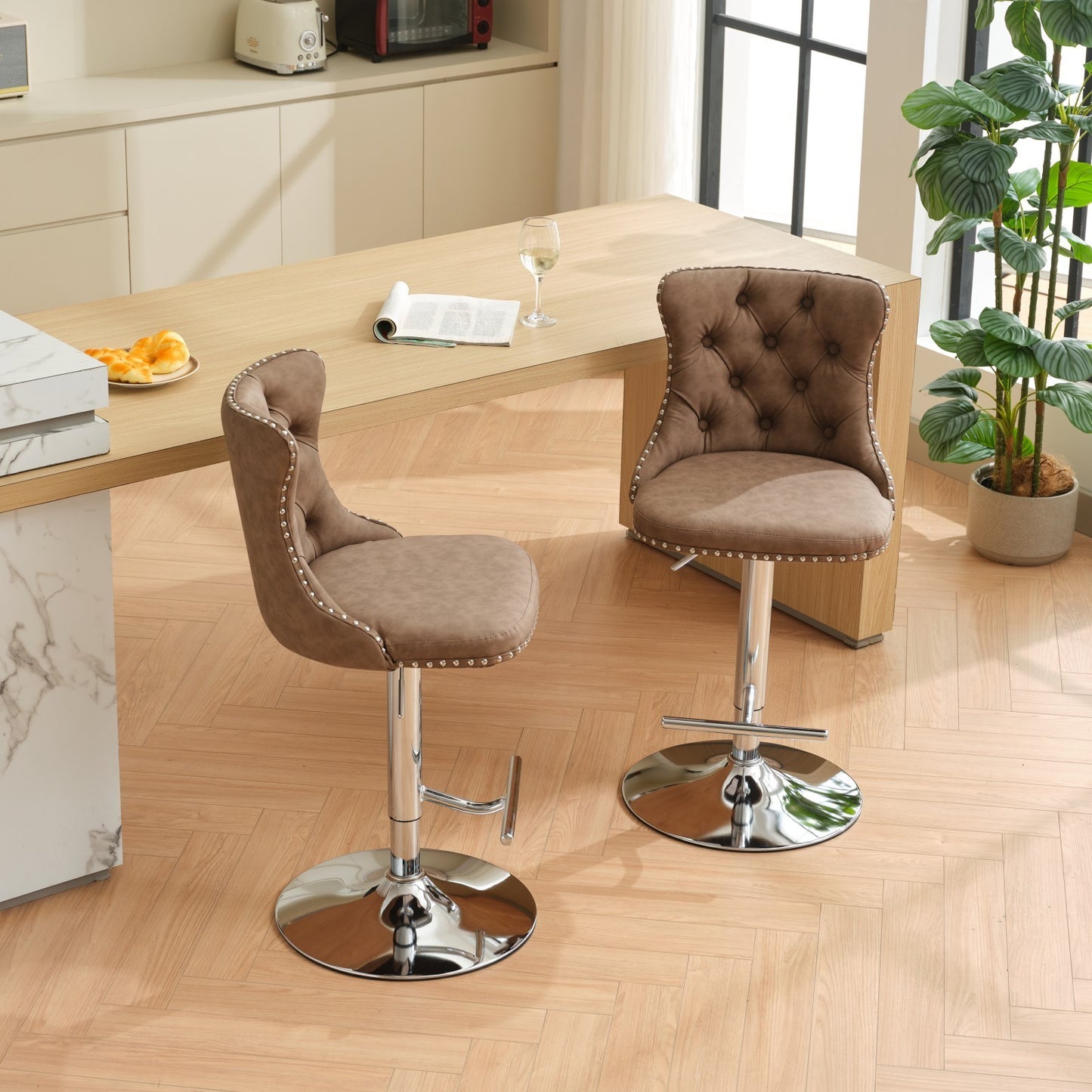 Swivel PU leather Barstools Adjusatble Seat Height from 25-33 Inch, Chrome base Bar Stools with Backs Comfortable Tufted for Home Pub and Kitchen Island, Beige,Set of 2,1512BR