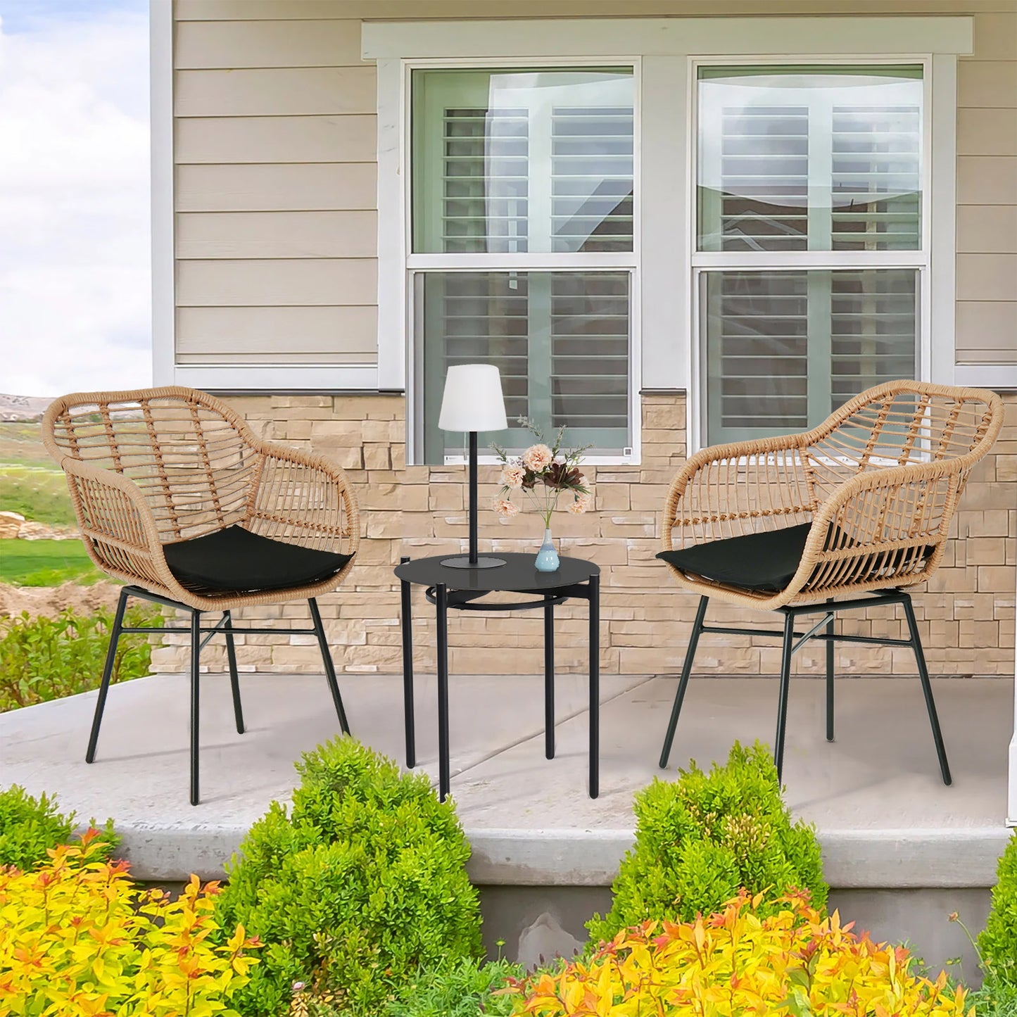 3 Pieces Of Luxury Outdoor Wicker Furniture - Patio Bistro Style Table And Chair Combination,Weather-resistant PE Wicker Weave, Stainless Steel Fame, Suitable For Garden, Terrace,Backyard Casua