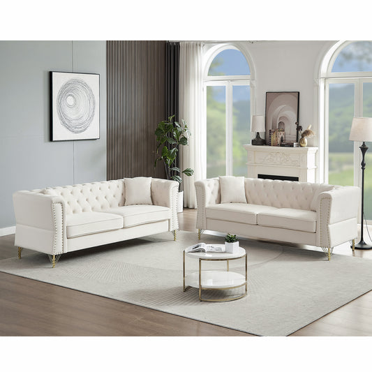 3-seater Combination Sofa Tufted Couch with Rolled Arms and Nailhead for Living Room, Bedroom, Office, Apartment, four pillows