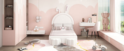 Twin size Upholstered Rabbit-Shape Bed with 2 Storage Stools, Velvet Platform Bed with Cartoon Ears Shaped Headboard, White