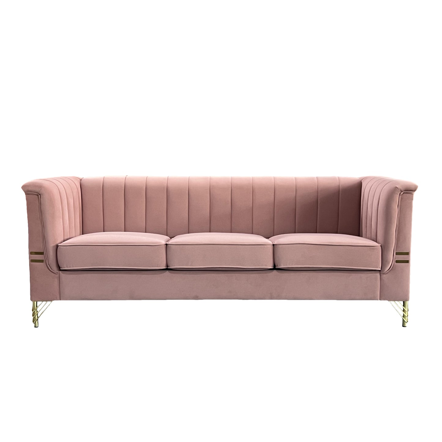 FX-P82-PK(SOFA)-Modern Designs Velvet Upholstered Living Room Sofa, 3 Seat Sofa Couch with  Golden Metal Legs for Home, Apartment or Office  Pink SOFA