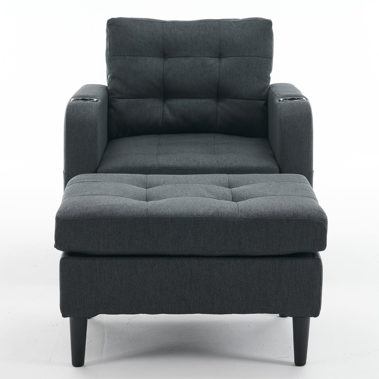 Dark Gray Upholstered Armchair and Storage Ottoman Set - Comfortable Single Sofa with Cup Holders and Tufted Detailing, Ideal for Living Room or Bedroom