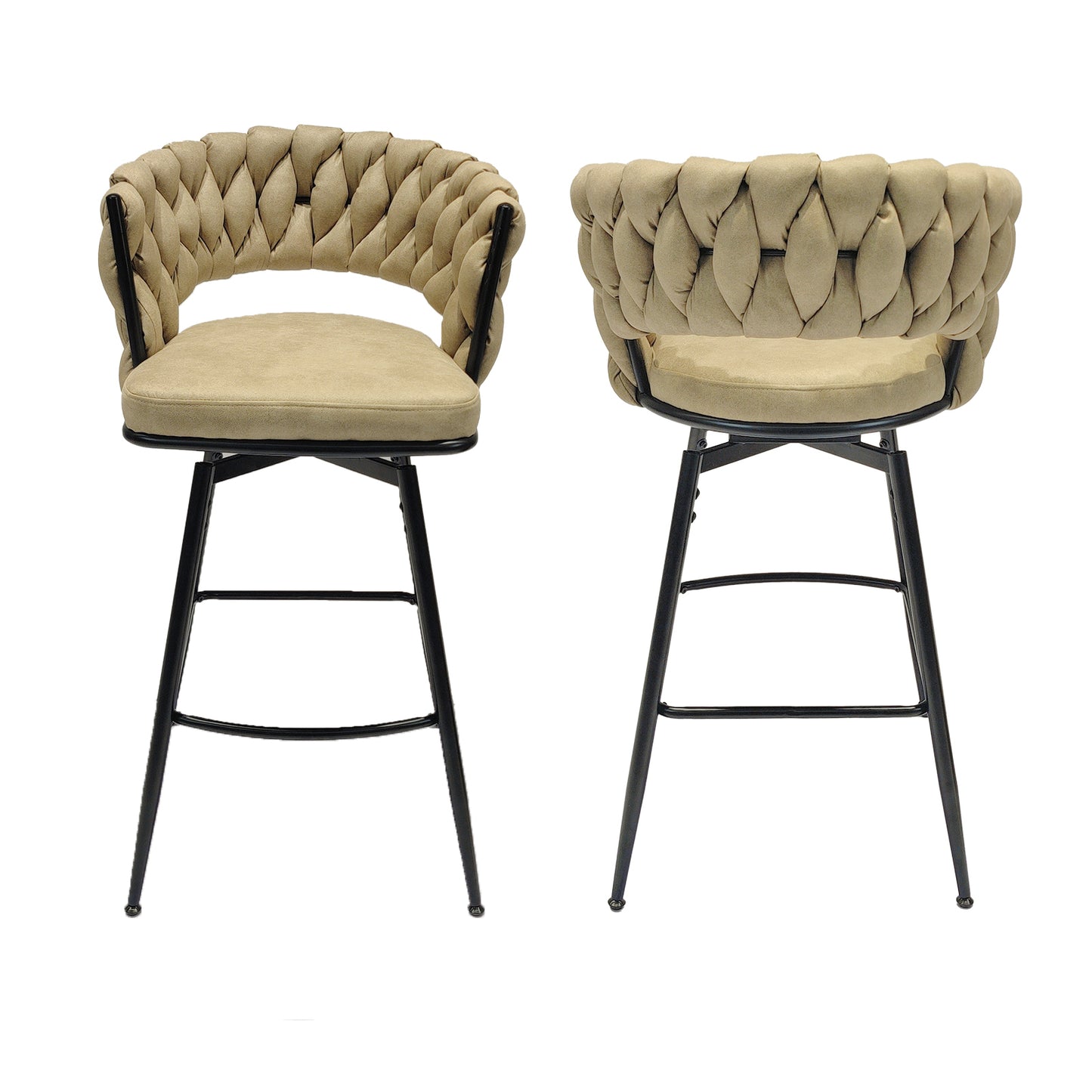 28" Technical Leather Woven Bar Stool Set of 2,Black legs Barstools No Adjustable Kitchen Island Chairs,360 Swivel Bar Stools Upholstered Counter Stool Arm Chairs with Back Footrest (Light Brown)