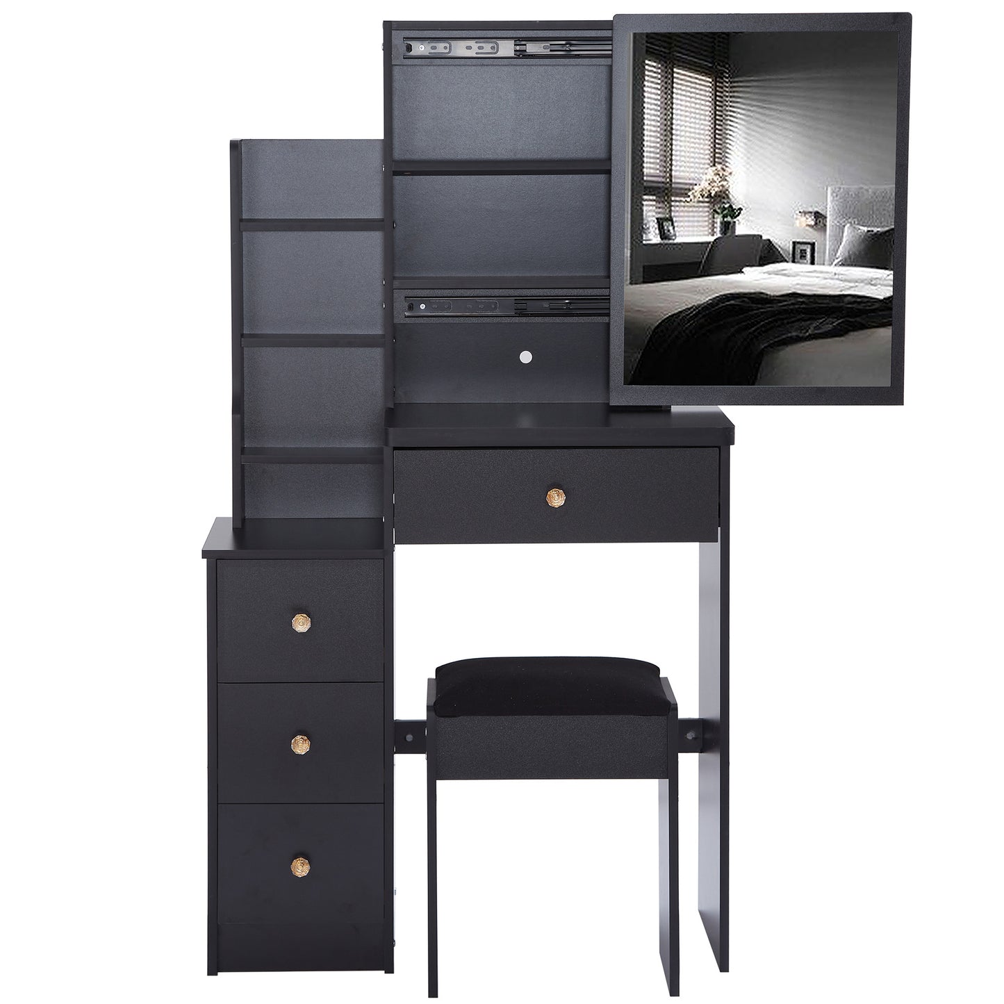 Small Size Left Bedside Cabinet Vanity Table + Cushioned Stool, Extra Large Sliding Mirror, Multi Layer, High Capacity Storage Fashionable Dresser, Suitable for Small Space, EPA,GCC,UL Certificate