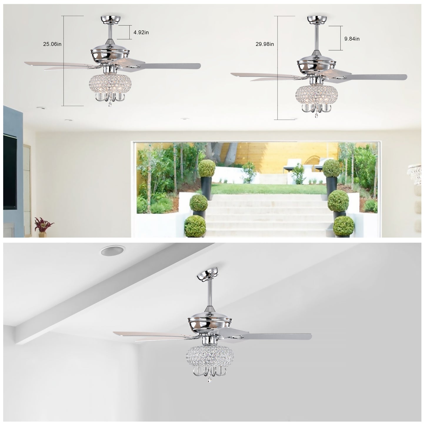 52 inch Crystal Ceiling Fan with Lights Fandelier Chandelier Reversible Blades 3 Wind Speeds Remote Control for Bedroom Living Dining Room--Chrome