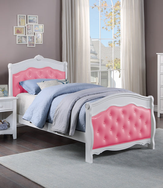 White Twin Size Bed Youth Bedroom Furniture Pink Faux Leather Headboard Footboard Plywood 1pc Bedframe