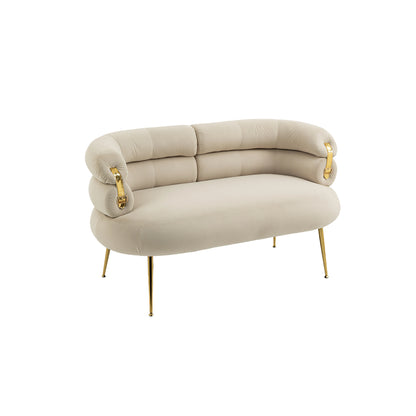 COOLMORE Small Loveseat Sofa, Upholstered Mini Couch with Curved Backrest with Stylish Golden Decor, Small Comfy Love Seat Leisure Accent Couch for Living Room, Bedroom, Office (Beige)