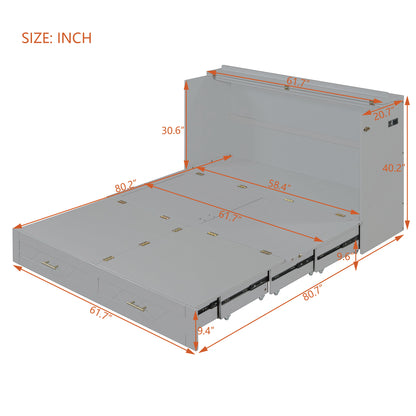 Queen Size Murphy Bed Wall Bed with drawer and a set of Sockets & USB Ports, Pulley Structure Design, Gray