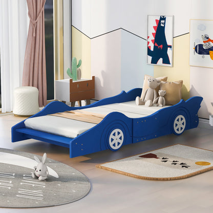 Twin Size Race Car-Shaped Platform Bed with Wheels,Blue