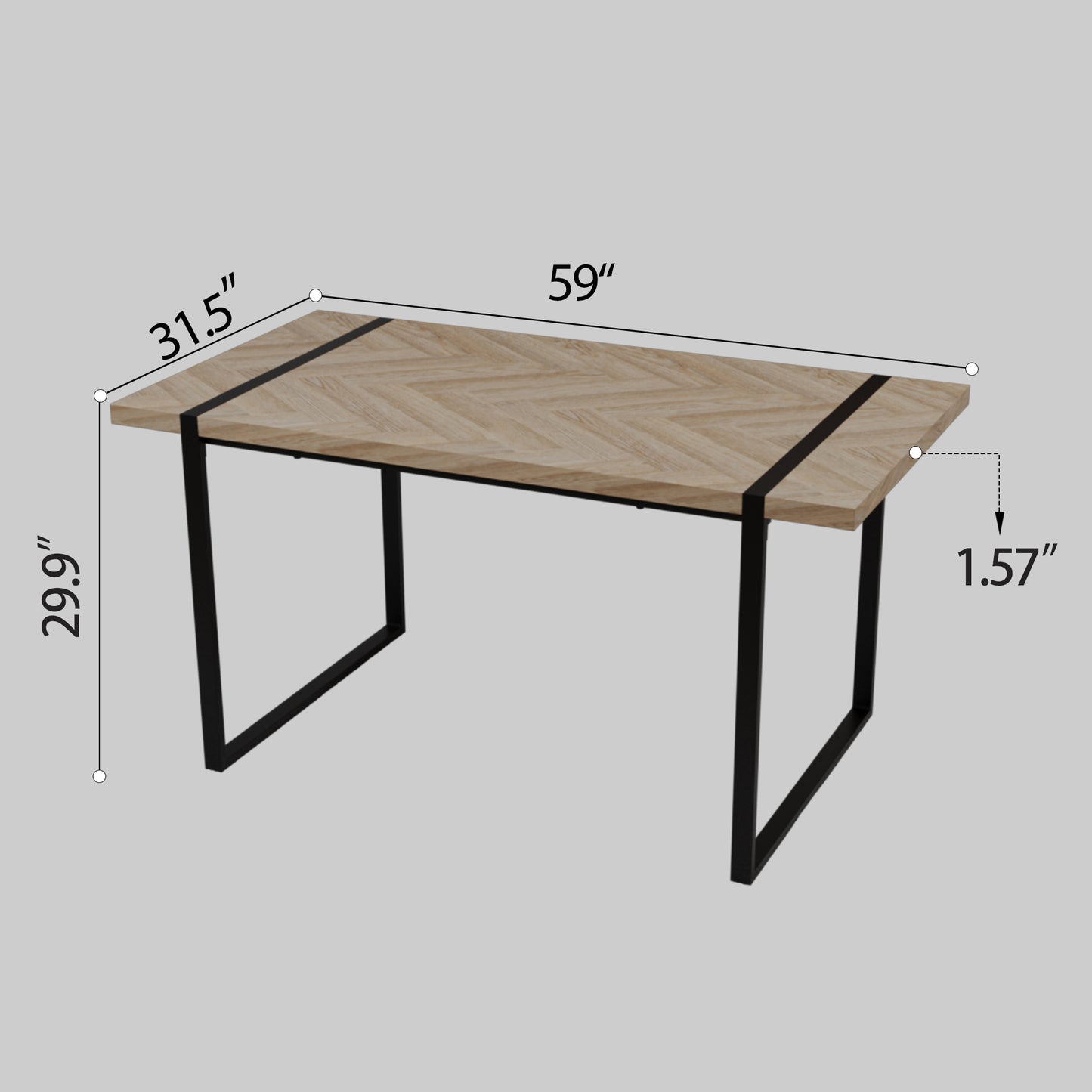 59 " dining table modern industrial rectangular MDF light wood , 4-6 people, 1.5" thick engineering wood tabletop and black rectangular metal legs, used for home & kitchen