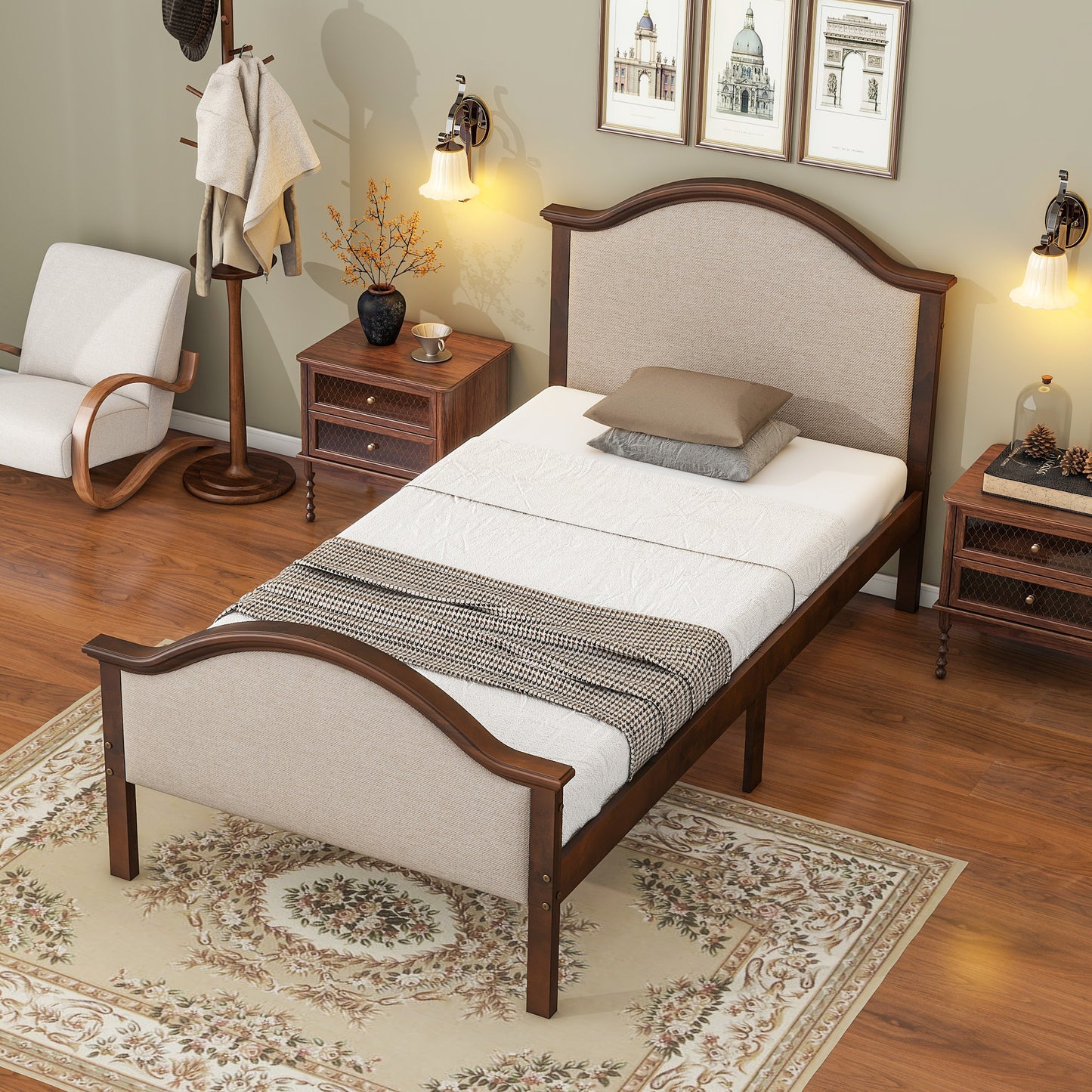 Twin Size Bed Frame with Headboard and Footboard, Upholstered Twin Platform Bed with Strong Wooden Slats Support,Walnut