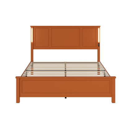 Queen Size Bed Frame,  Platform Bed Frame with Wood Headboard and Footboard,Charging Station and LED Lights, 12 Wood Slats Support, No Box Spring Needed , Brown