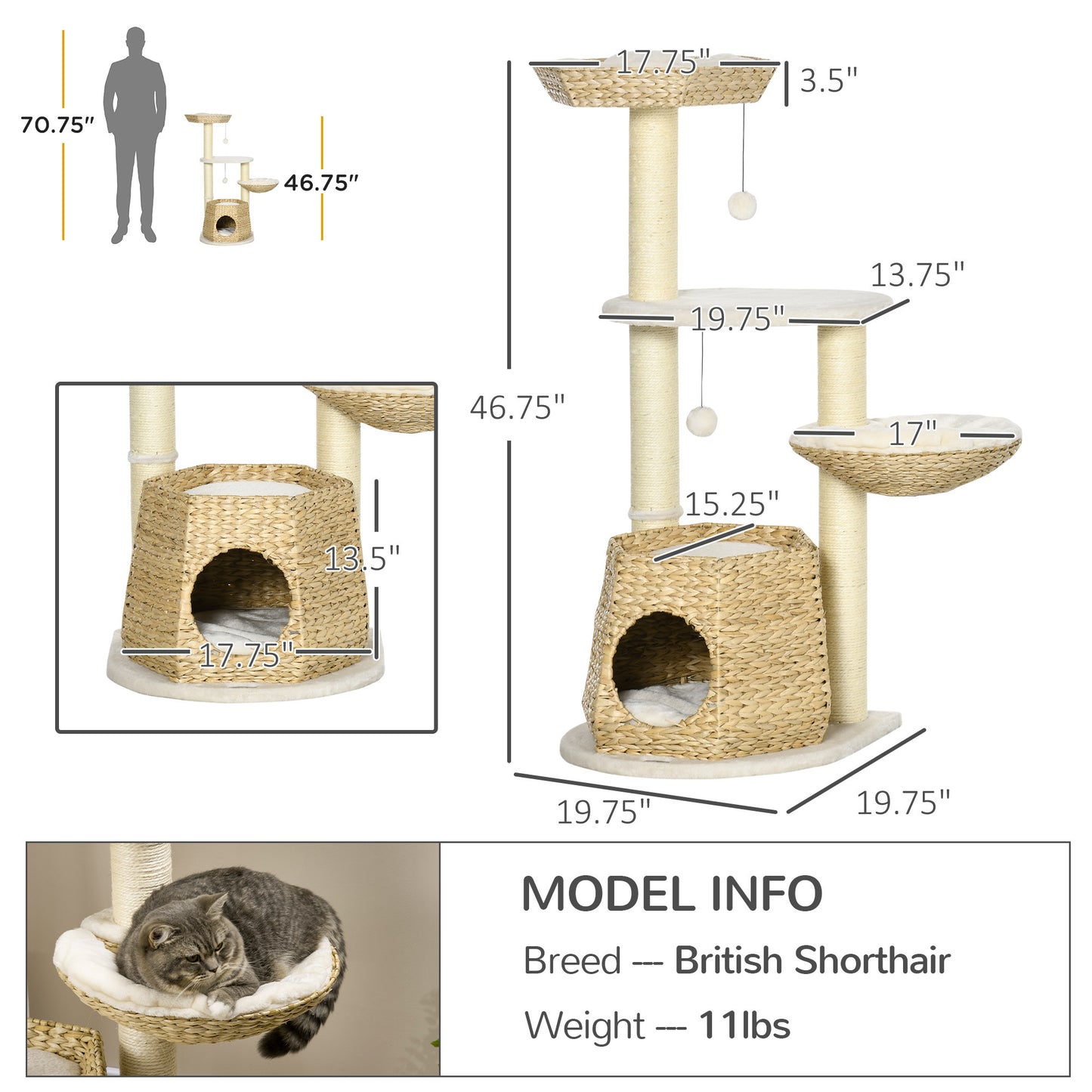 PawHut 47" Cat Tree Kitty Activity Center, Cat Climbing Toy with Cattail Fluff, Bed, Condo, Sisal Scratching Post, and Hanging Ball, Natural