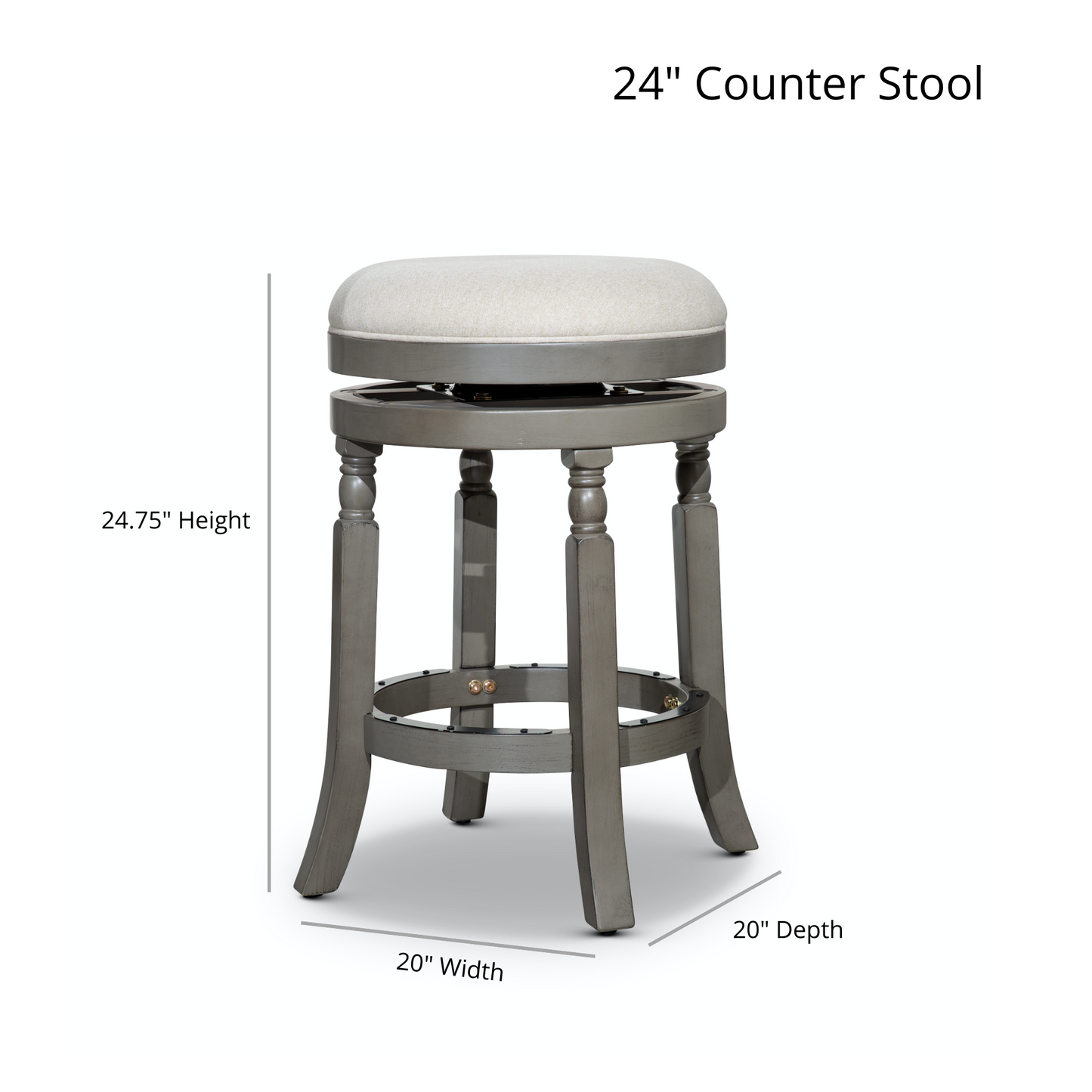 24" Counter Stool, White Finish, Charcoal Fabric Seat