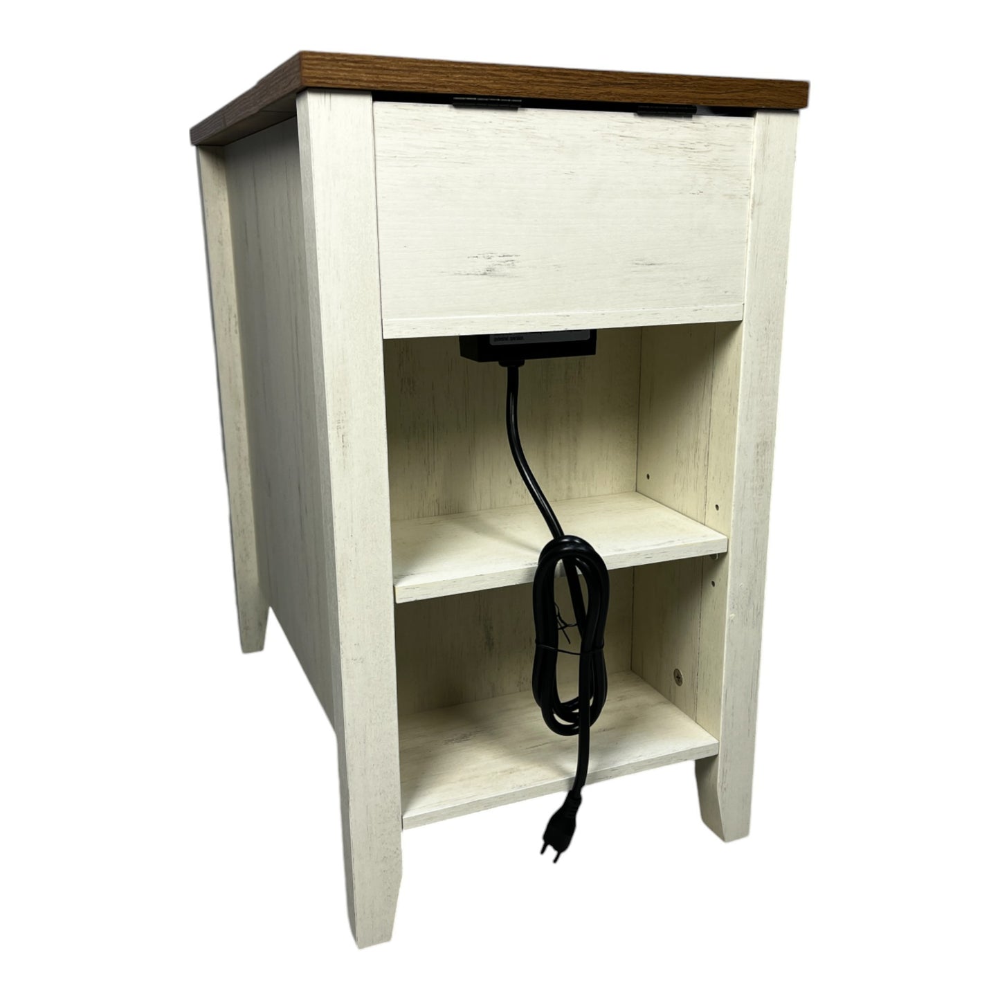 Farmhouse End Table with Charging Station,Night Stand with Barn Door and Drawer, Storage for Bedroom Living Room ,Bedside Table,  Bedside Table Brown+white color