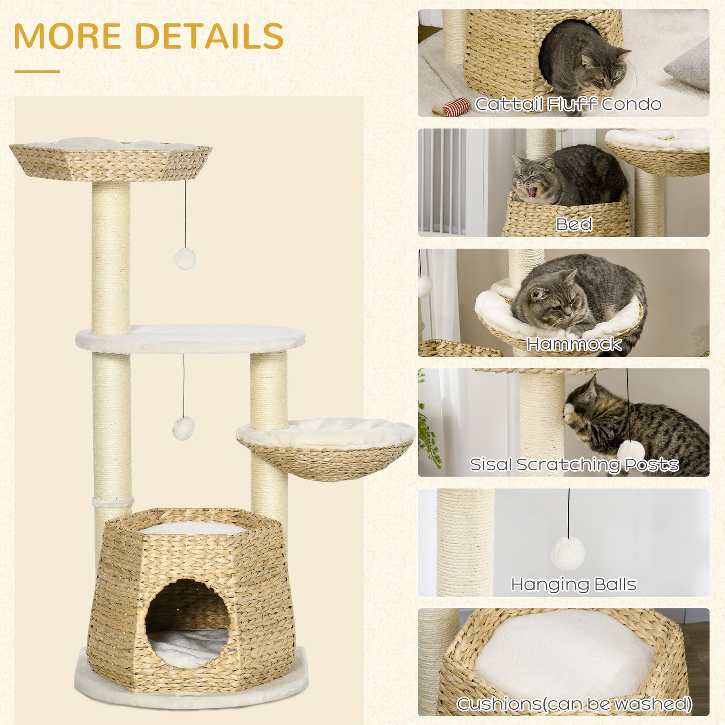 PawHut 47" Cat Tree Kitty Activity Center, Cat Climbing Toy with Cattail Fluff, Bed, Condo, Sisal Scratching Post, and Hanging Ball, Natural