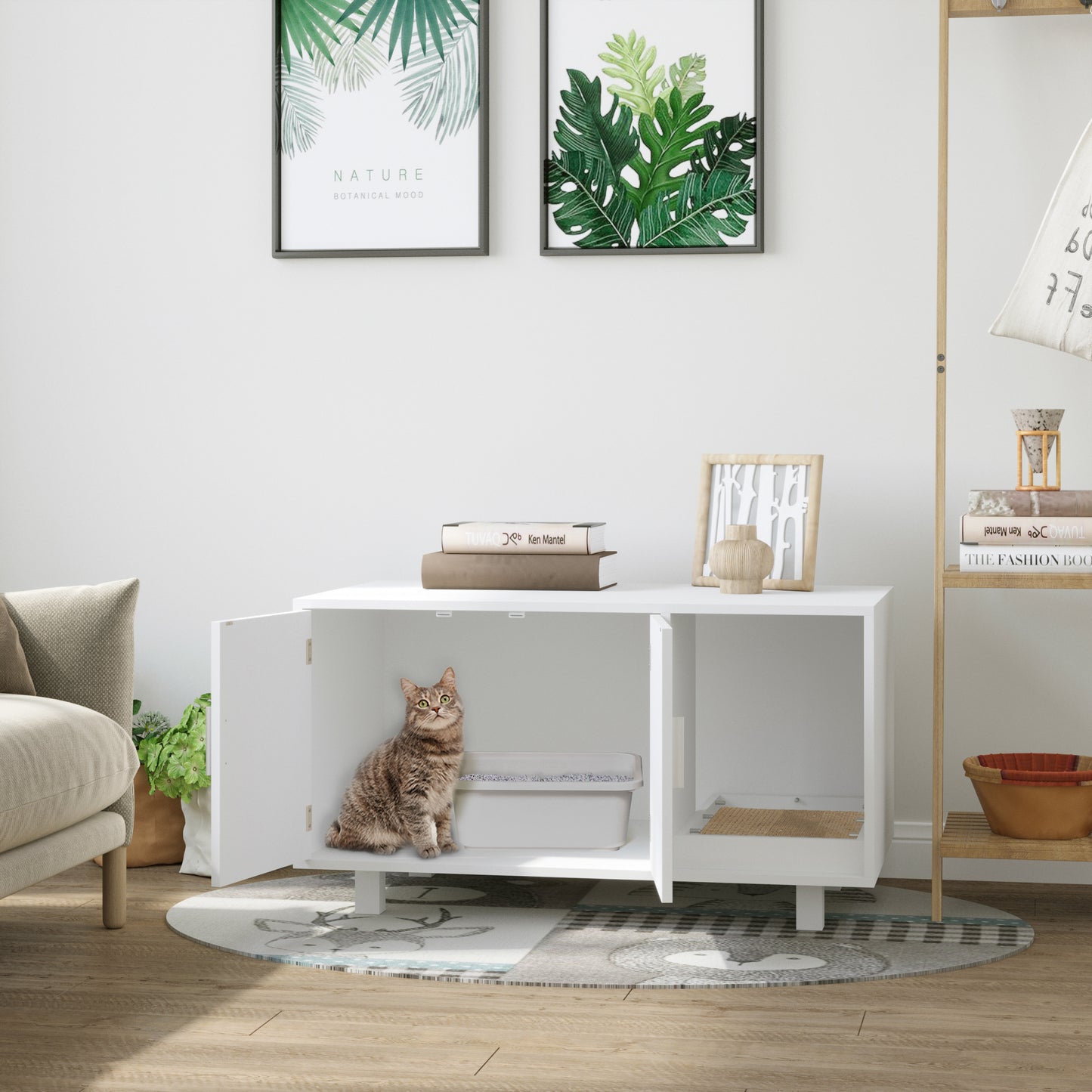 Wooden Cat Litter Box Enclosure & House, Kitty Hidden Washroom, with End Table Design, Scratcher, & Magnetic Doors, White