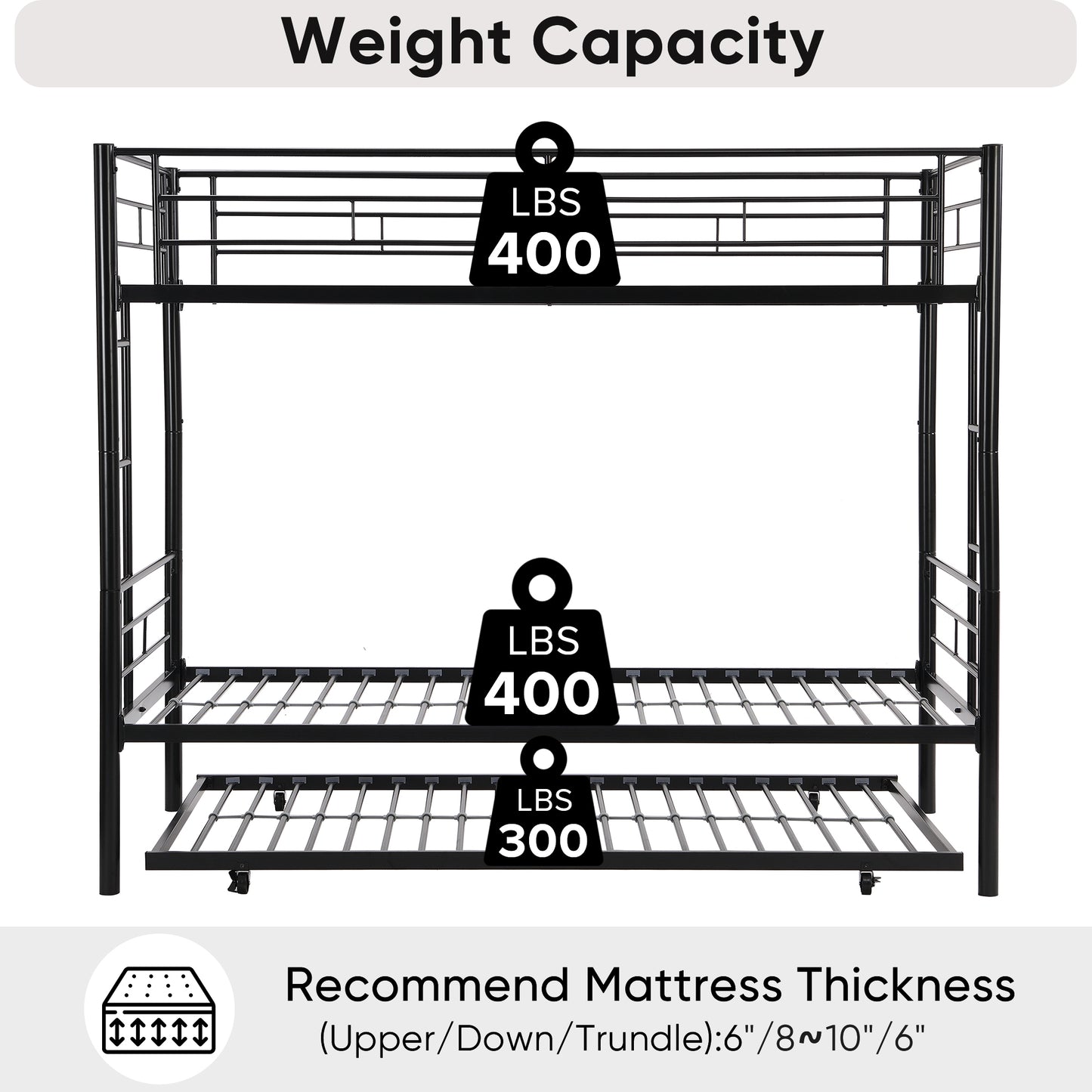 Over Twin Bunk Bed Frame with Trundle,Metal Bunkbed with Sturdy Guard Rail and 2 sideLadders for Kids/Adults,Can be Divided Into Two Beds, No Box Spring Needed, Noise Free for Dorm,Black