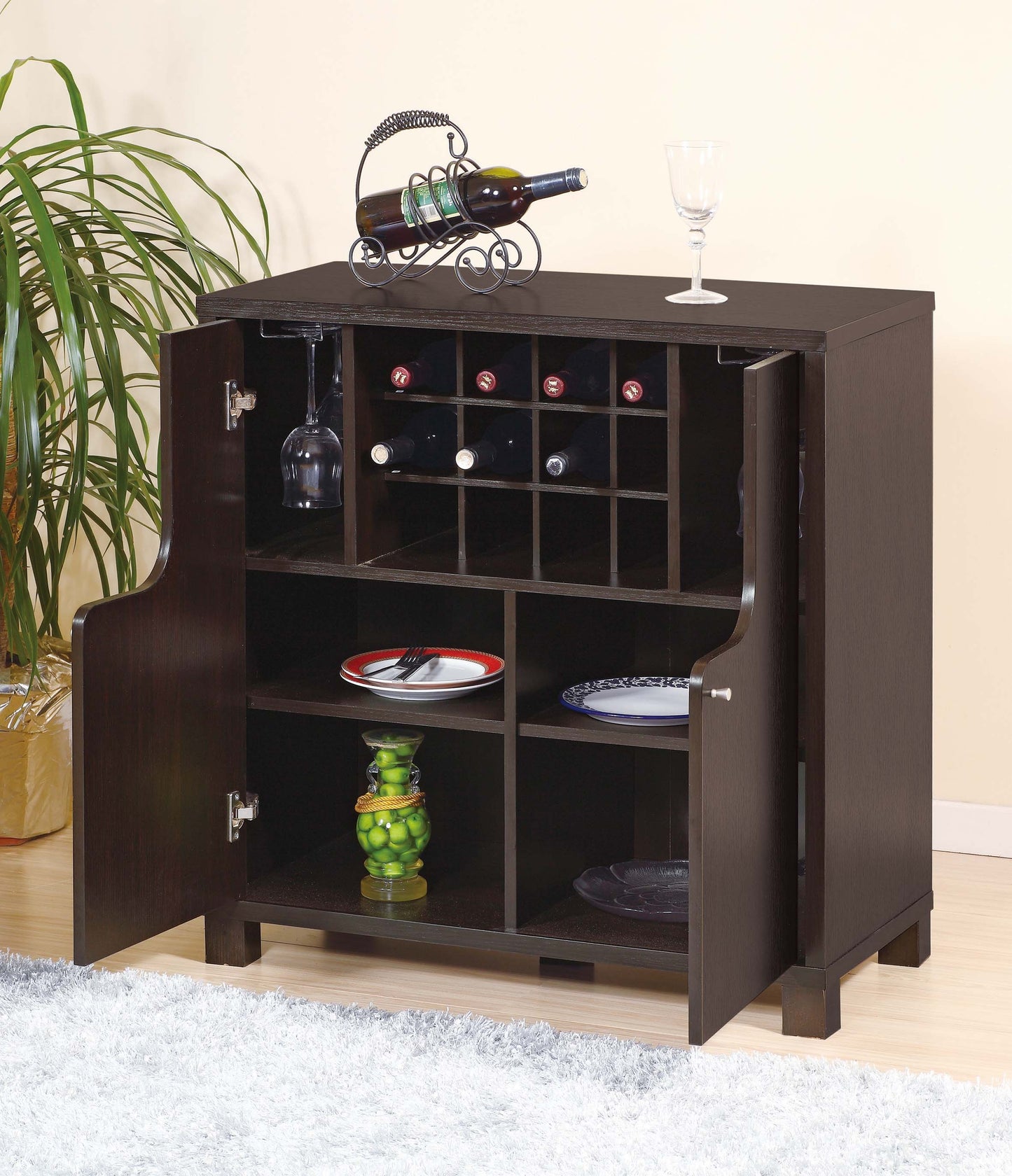 Wine Cabinet Red Cocoa with Two Doors Removeable Wine Bottle Rack Metal Wine Glass Racks Four Shelves