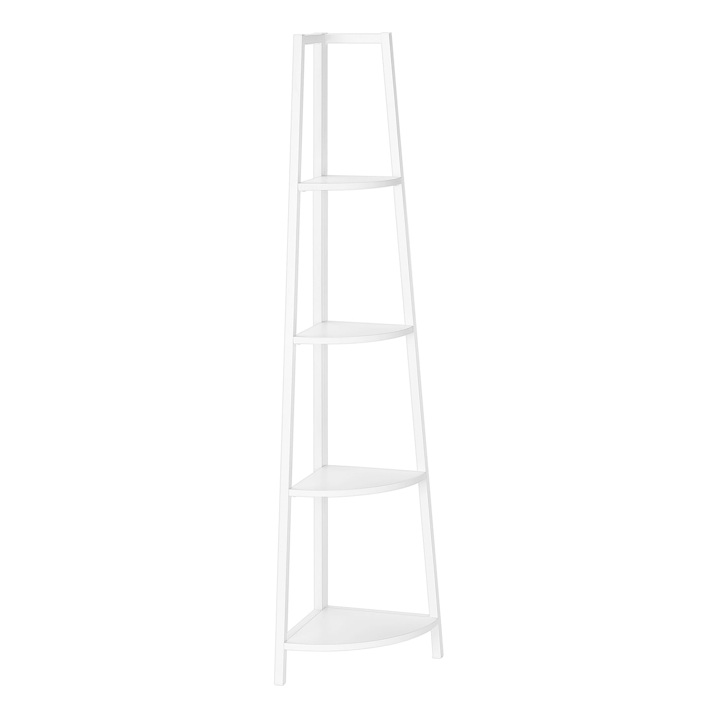 Bookshelf, Bookcase, Etagere, Corner, 4 Tier, 60"h, Office, Bedroom, White Laminate, White Metal, Contemporary, Modern