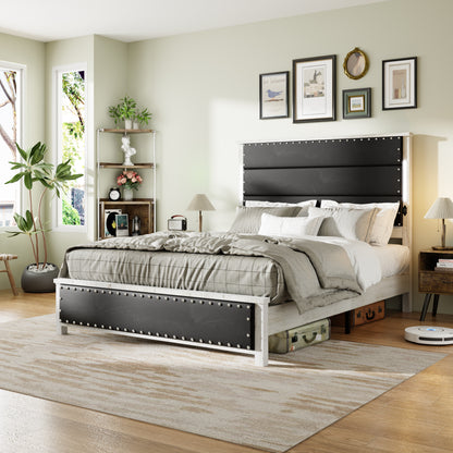 Queen Size Bed Frame with Upholstered Headboard, Queen Bed Frame with Charging Station and LED Lights, Wood Slats, Dark Gray Faux Leather & Rivets,  No Box Spring Needed, Easy Assembly