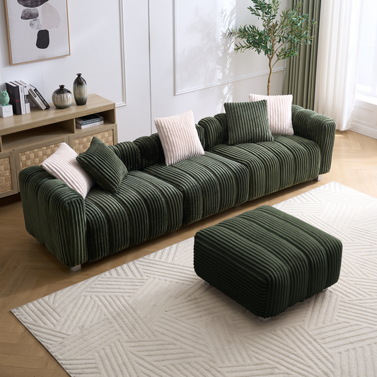114-inch Oversized Corduroy Three-Seater Sofa with Footstool Set Reclining Capability Extra-Large Sofa Combination Solid Wood Frame Metal Legs