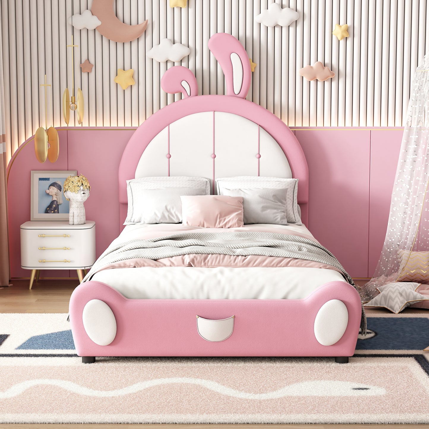 Twin Size Upholstered Platform Bed with Rabbit Shaped Headboard, Pink