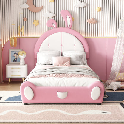 Twin Size Upholstered Platform Bed with Rabbit Shaped Headboard, Pink