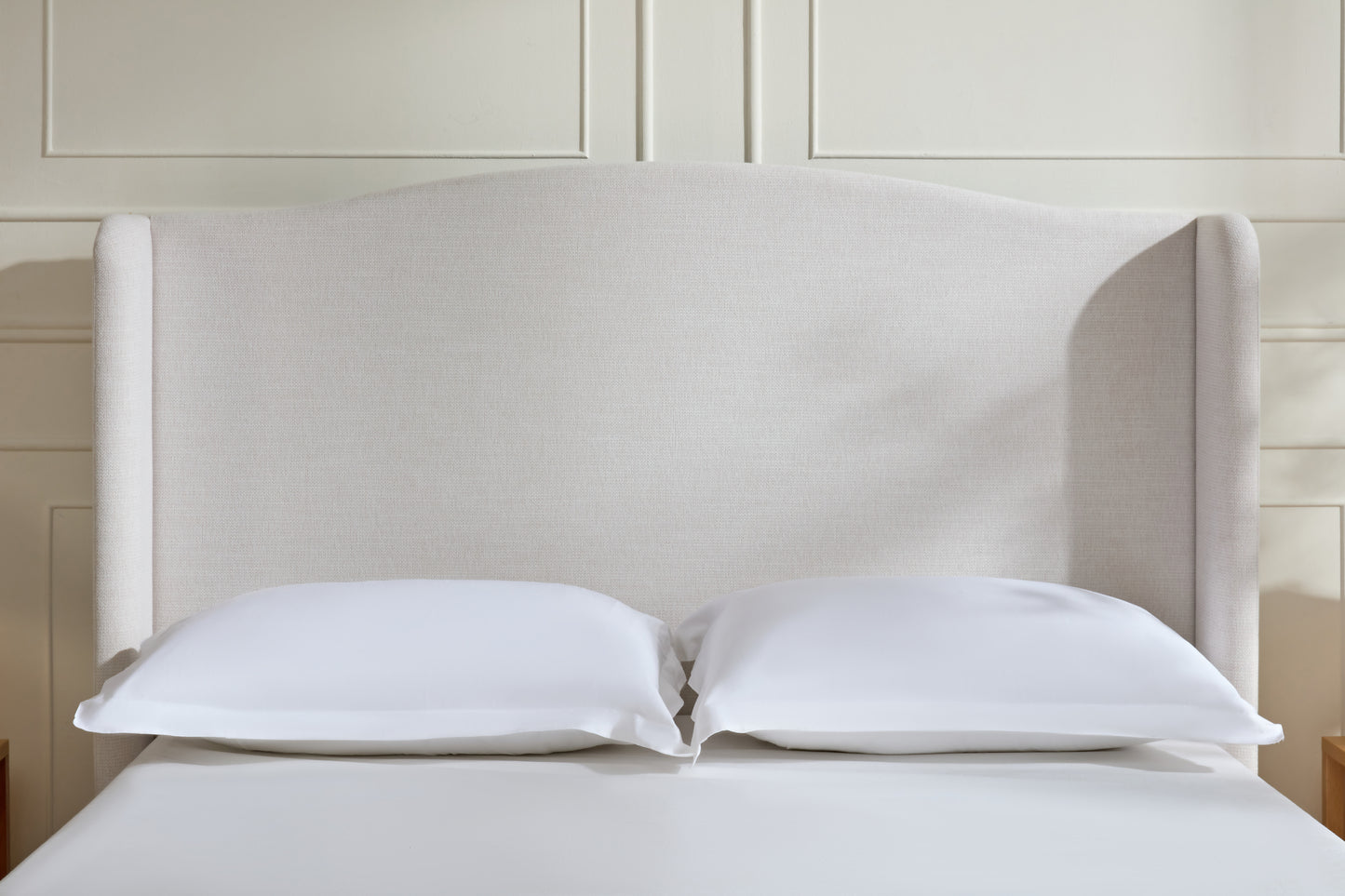 Hannah Upholstered Wingback Bed Size King / Tall 54" Headboard Upholstered King Bed / Premium Textured Canvas Chenille Look Ivory / Minimalist Designs
/ No Box Spring Needed / Easy Assembly / King