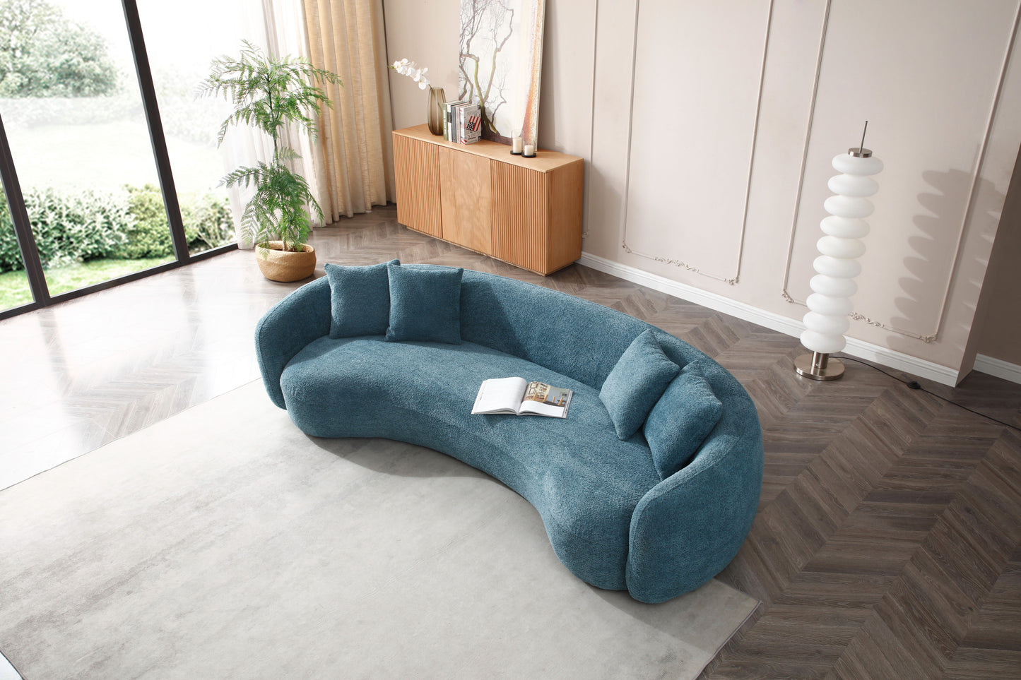 102''  Boucle Sofa Modern Sectional Half Moon Leisure Couch Curved Sofa Teddy Fleece Velet  Blue