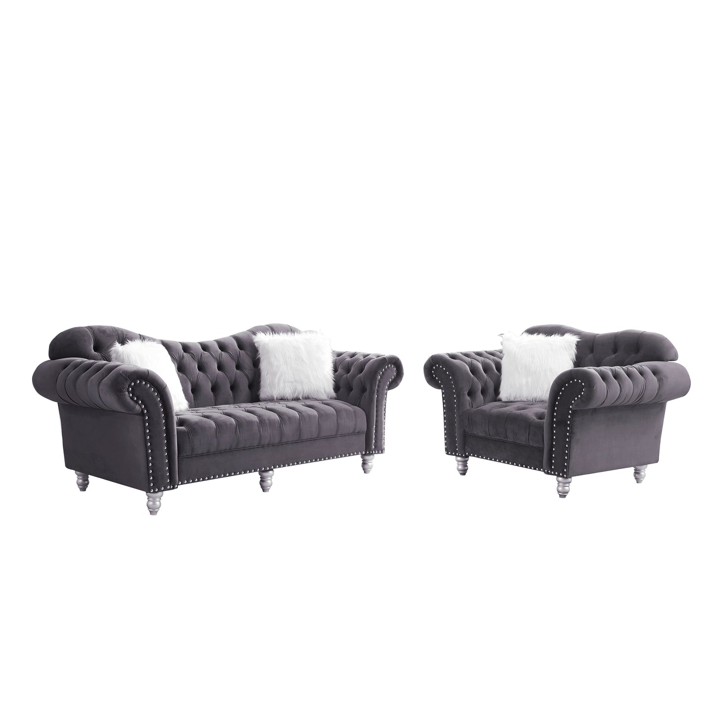 3 Piece Living Room Sofa Set, including 3-Seater Sofa, Loveseat and Sofa Chair, with Button and Copper Nail on Arms and Back, Five White Villose Pillow, Grey.