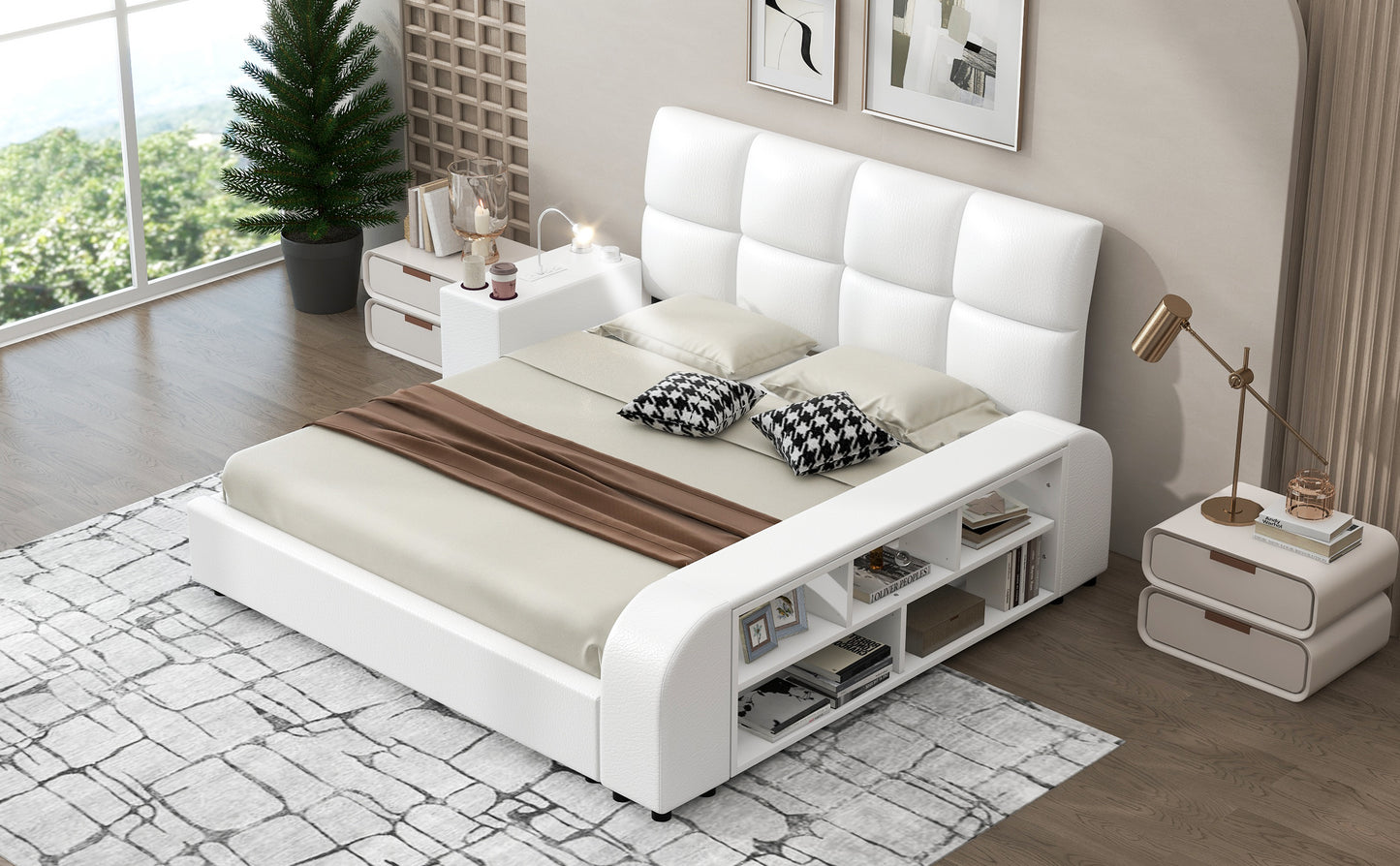 Queen Size Upholstered Platform Bed with Multimedia Nightstand and Storage Shelves, White