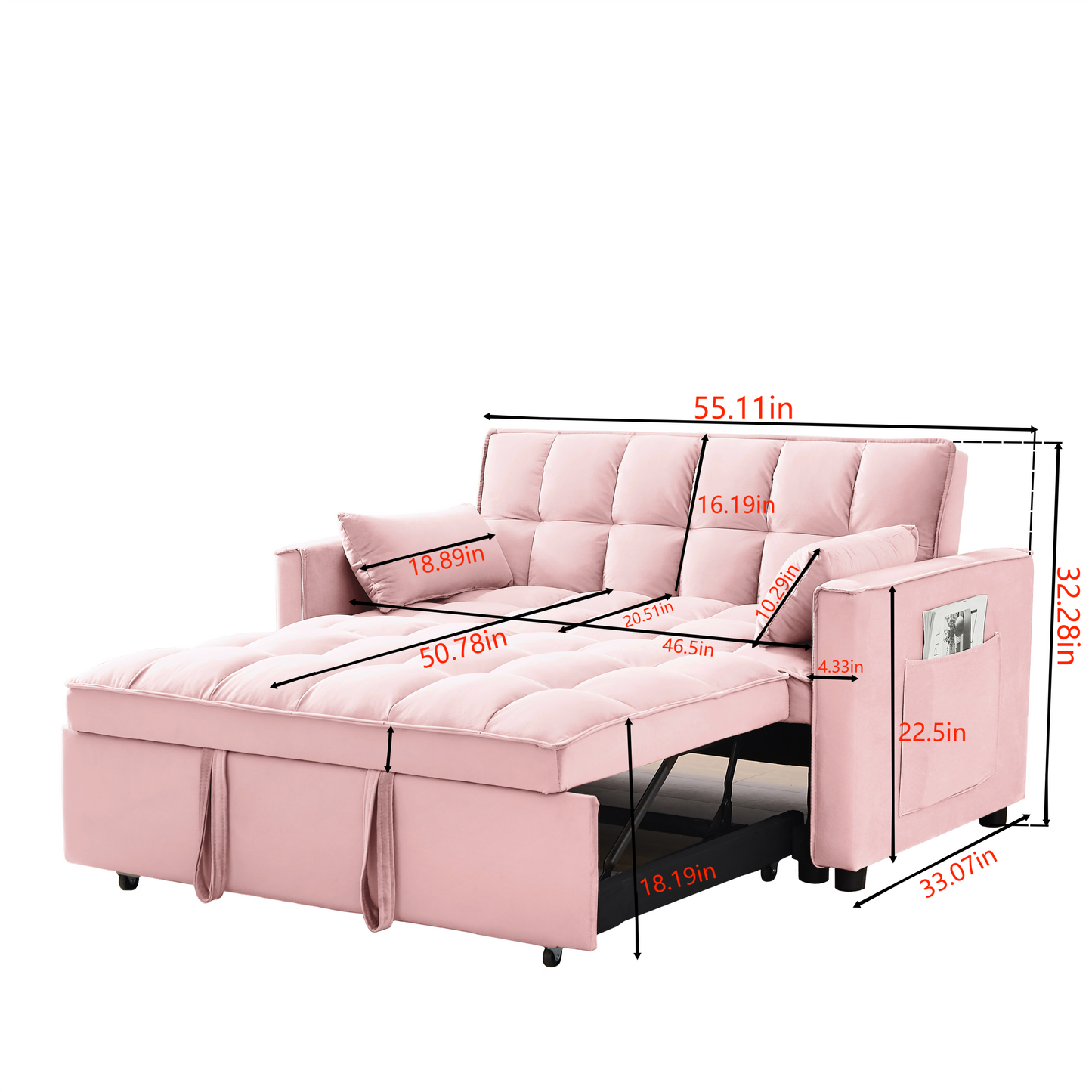 Modern Velvet Loveseat Futon Sofa Couch w/Pullout Bed,Small Love Seat Lounge Sofa w/Reclining Backrest,Toss Pillows, Pockets,Furniture for Living Room,3 in 1 Convertible Sleeper Sofa Bed, pink