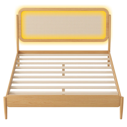 Queen Size Wood Storage Platform Bed with LED Light, Rattan Headboard, Nature