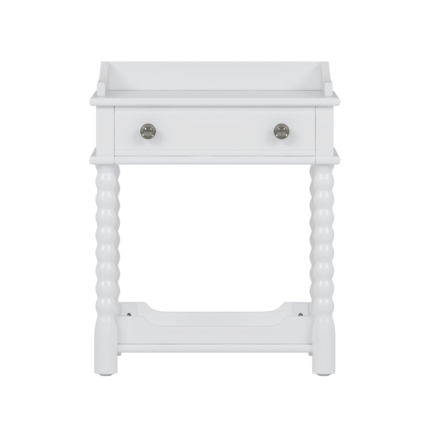 Retro Style Nightstand with Drawer and Open Shelf for Bedroom, Bedside Table with Turned Legs and Metal Handle,White