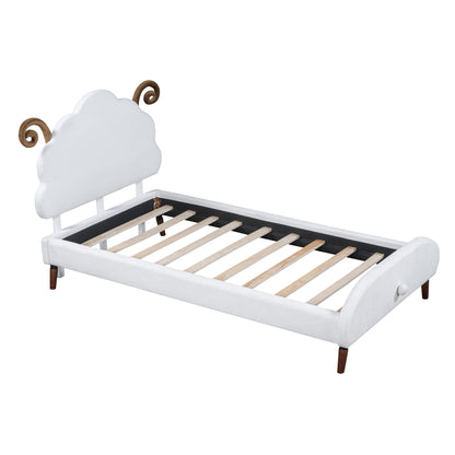 Twin Size Upholstered Platform Bed with Sheep-Shaped Headboard, White