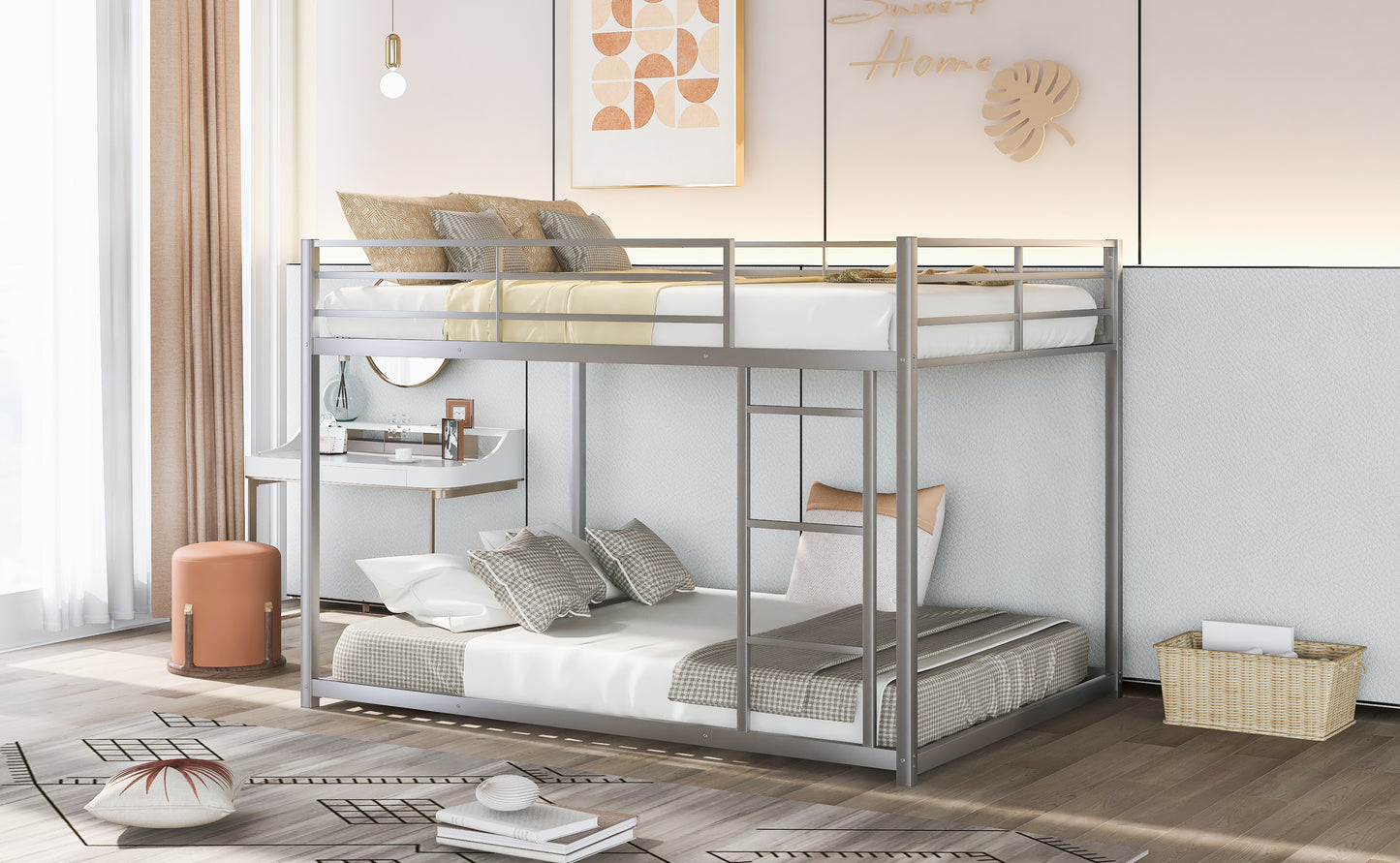 Full over Full Metal Bunk Bed, Low Bunk Bed with Ladder, Silver(Old SKU:MF197034AAN)