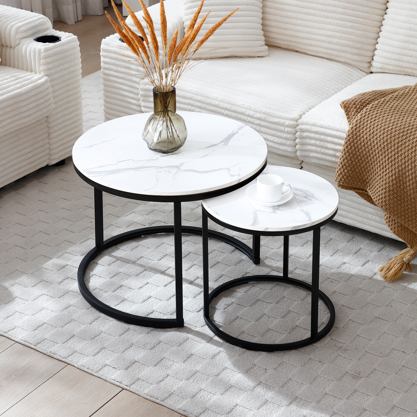Set 2 Coffee Table Nesting White and gray top Black Frame Circular Round and Marble Pattern Wooden Tables, Living Room Bedroom Apartment Modern Industrial Simple Nightstand