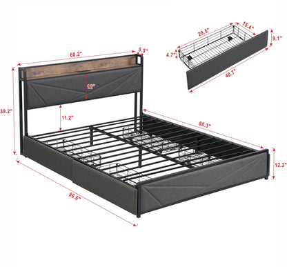 Queen Bed Frame, Storage Headboard with Charging Station, Solid and Stable, Noise Free, No Box Spring Needed, Easy Assembly