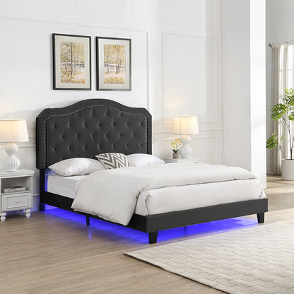 Upholstered Bed Button Tufted with Curve Design - Strong Wood Slat Support - Easy Assembly - Black Velvet - With LED light-platform bed - Queen