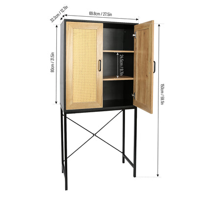 59'' High Elegant Cabinet with 2 Rattan Doors Bedroom Living Room Kitchen Cupboard Wooden Furniture with 3-Tier Shelving X-Shaped Supporting Bars Easy Assembly Nature Color