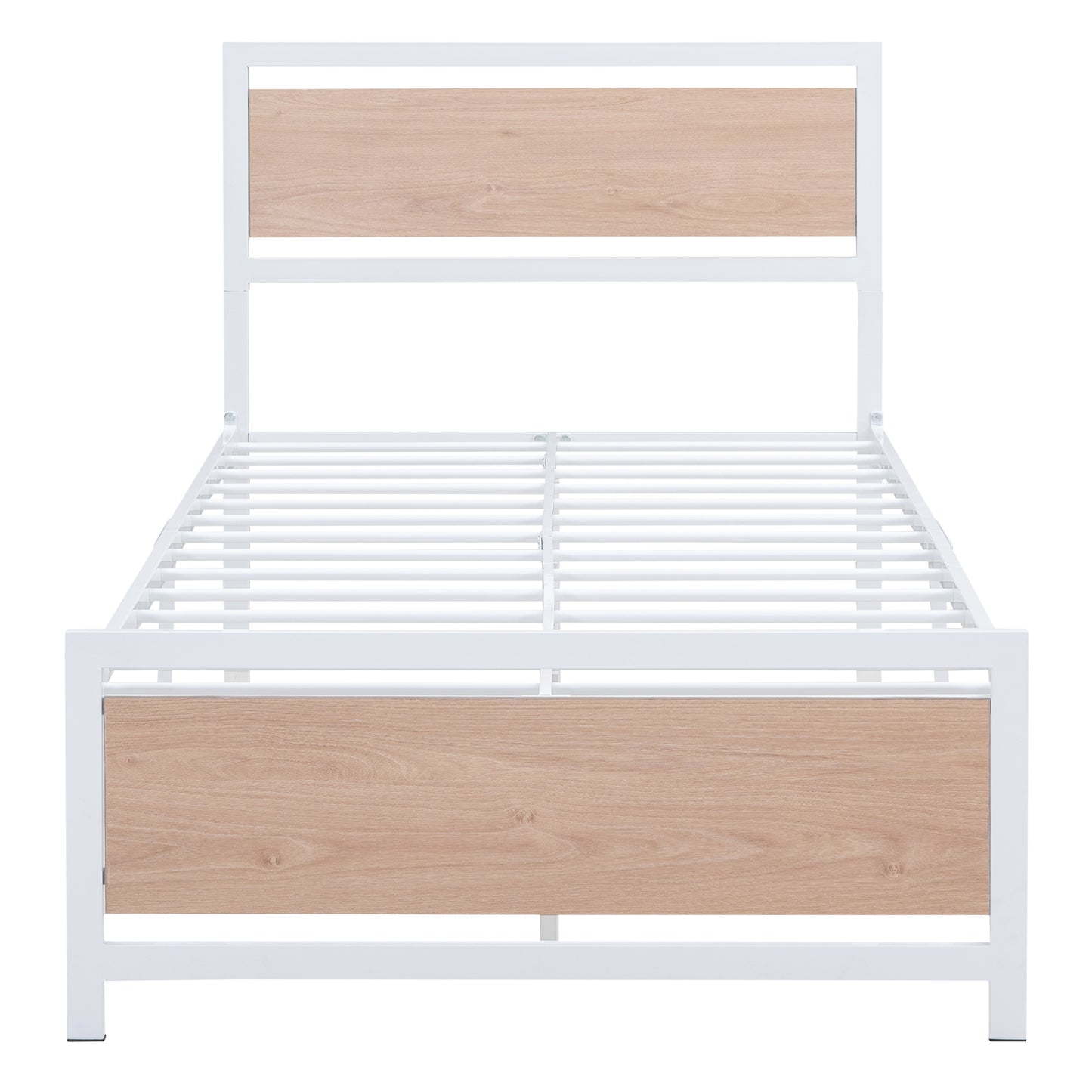 Twin Size Platform Bed, Metal and Wood Bed Frame with Headboard and Footboard , White