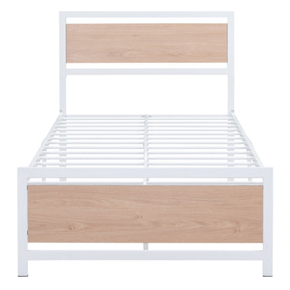 Twin Size Platform Bed, Metal and Wood Bed Frame with Headboard and Footboard , White