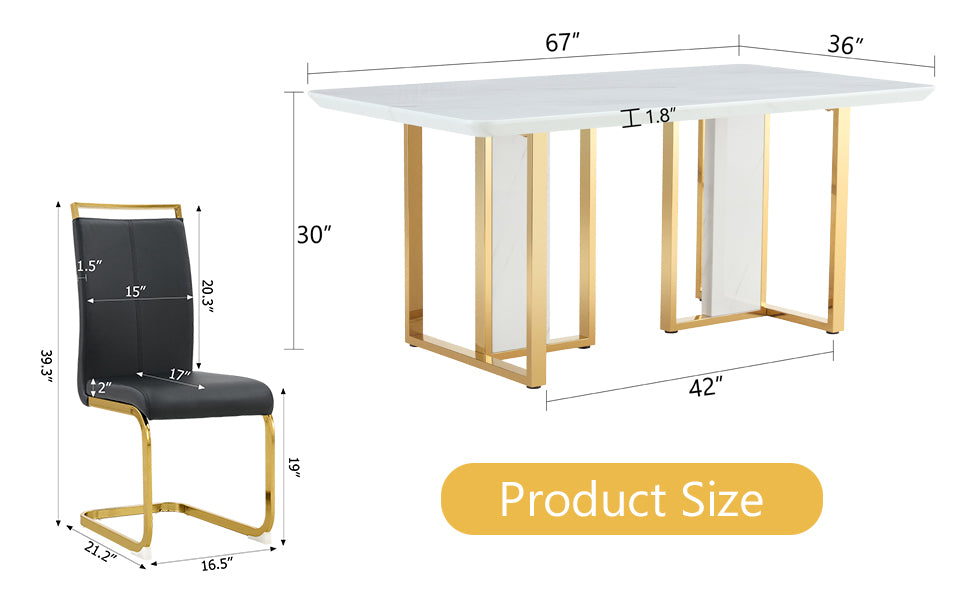 Table and chair set.67"x36" White marble pattern MDF Dining Table Set with 8 Black PU Chairs.MDF sticker,White marble pattern sticker,Gold C-tube chair legs,Suitable for kitchen,Dining room,etc.