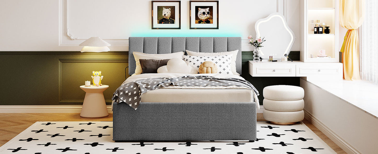 Teddy Fleece Full Size Upholstered Platform Bed with Twin size Trundle, Gray