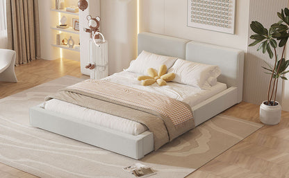 Queen Size Upholstered Platform Bed with Velvet Fabric, Grounded Bed with Solid Frame, Beige