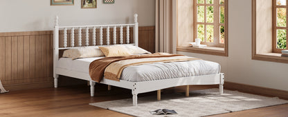 Queen Size Wood Platform Bed with Gourd Shaped Headboard,Retro Style Platform Bed with Wooden Slat Support,White